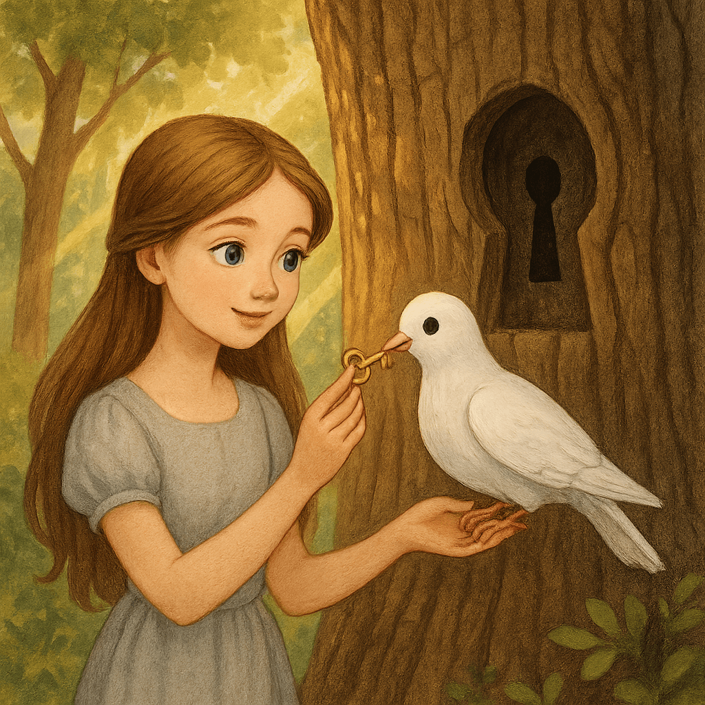 Девушка берёт золотой ключ у белого голубя у дерева