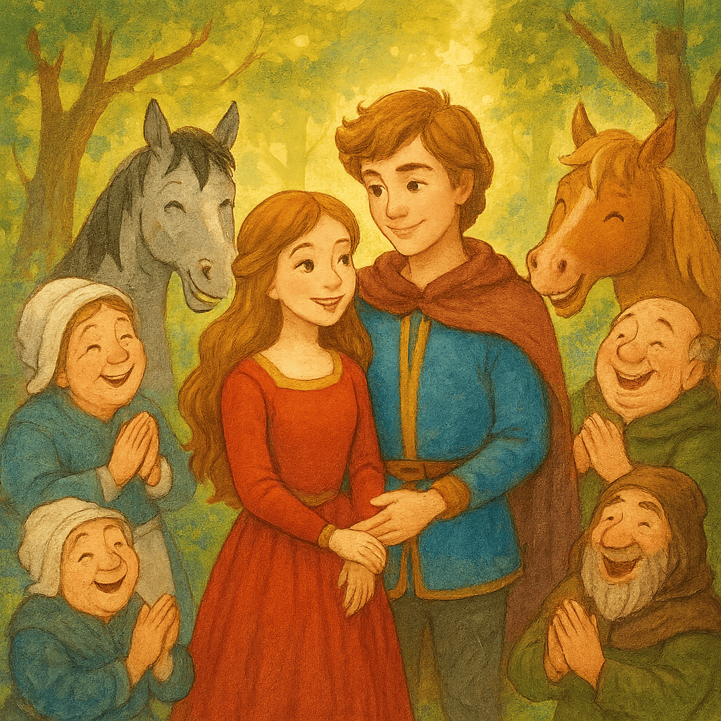 Девушка юноша слуги и кони освободились от заклятья.