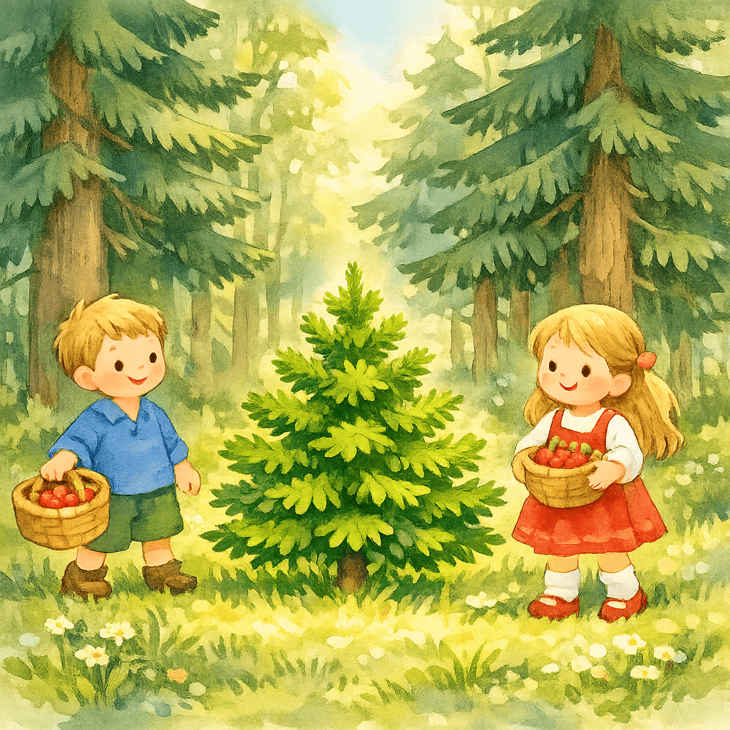 Дети отдыхают под молодой елочкой в лесу