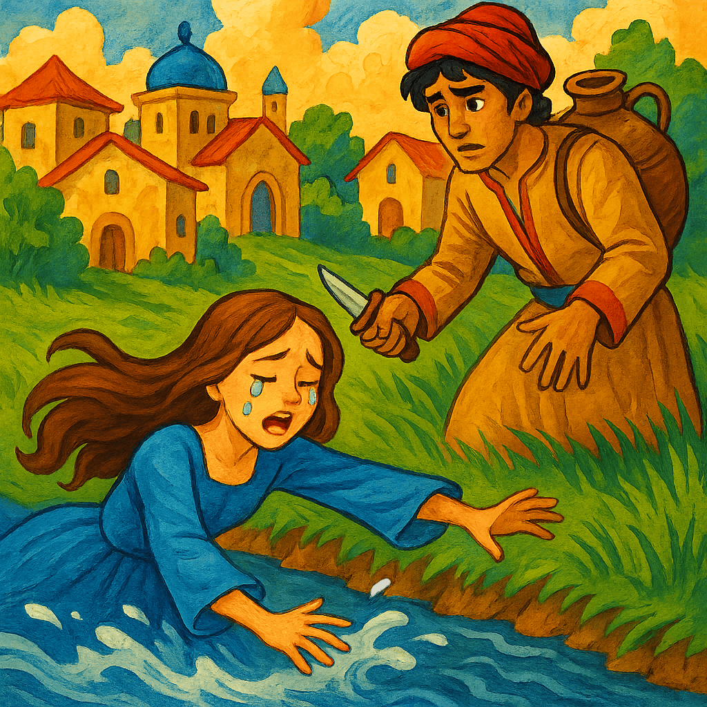 Жена водоноса бросается в реку, спасаясь от злых слухов.