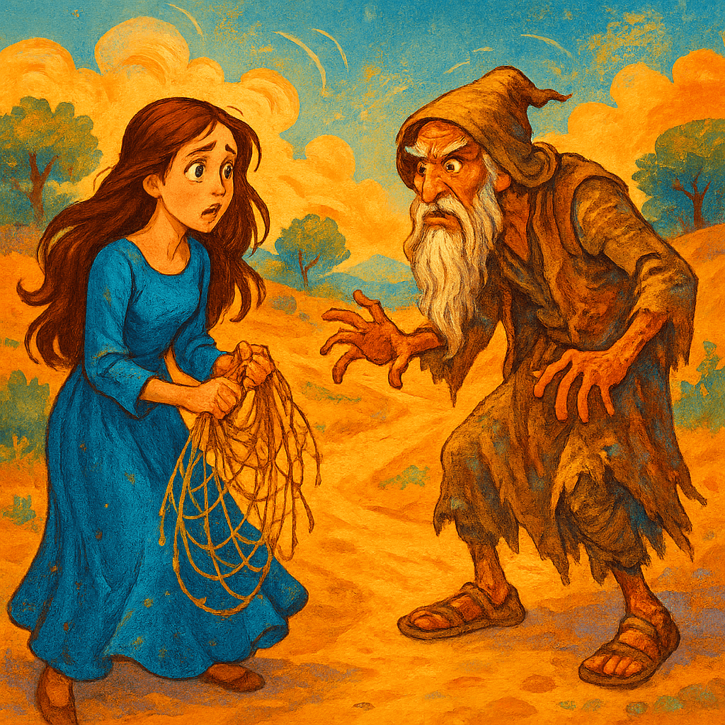 Красавица накинула сеть на странного старика и убежала.