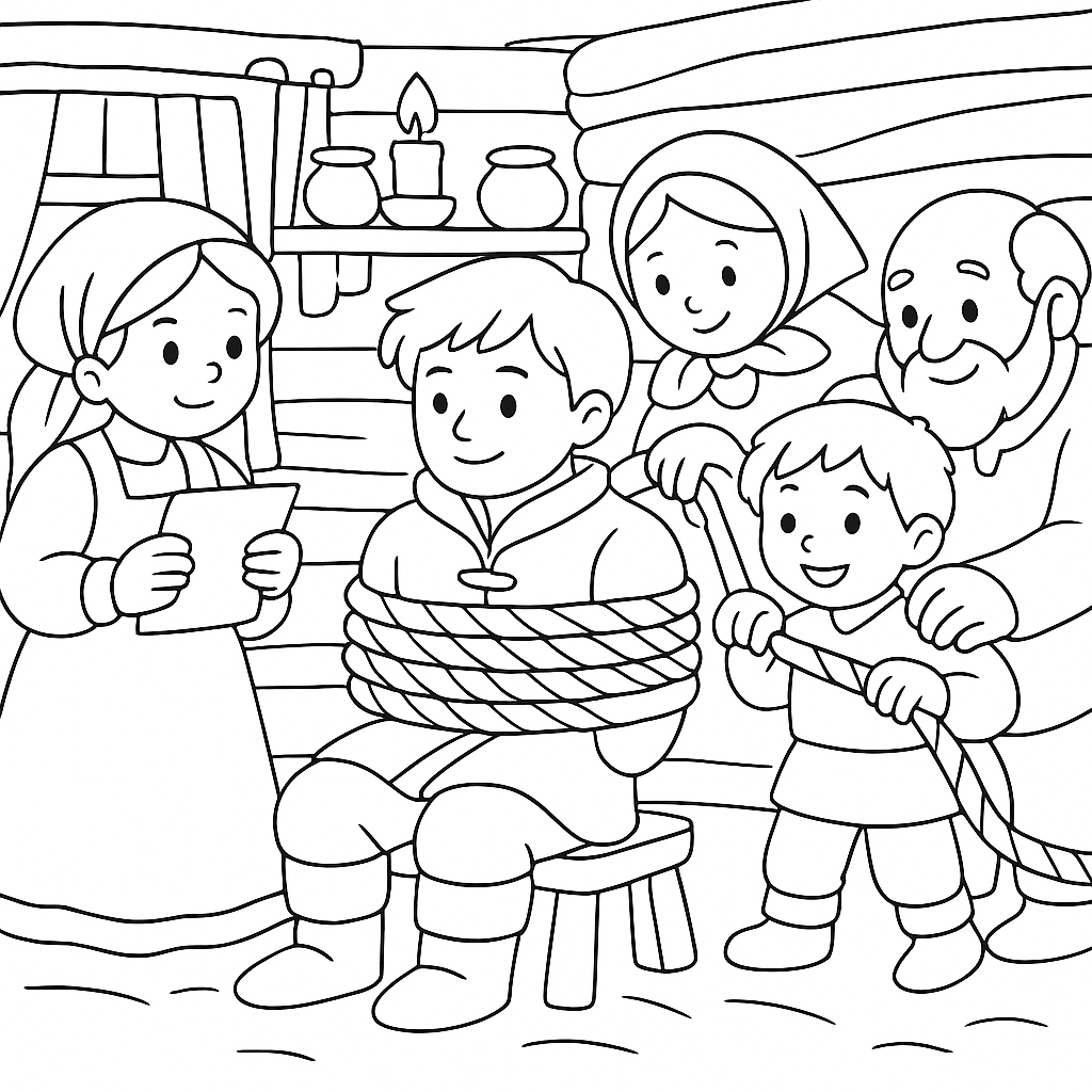 Раскраска по сказке "Сказка о строителях башни и умной жене"