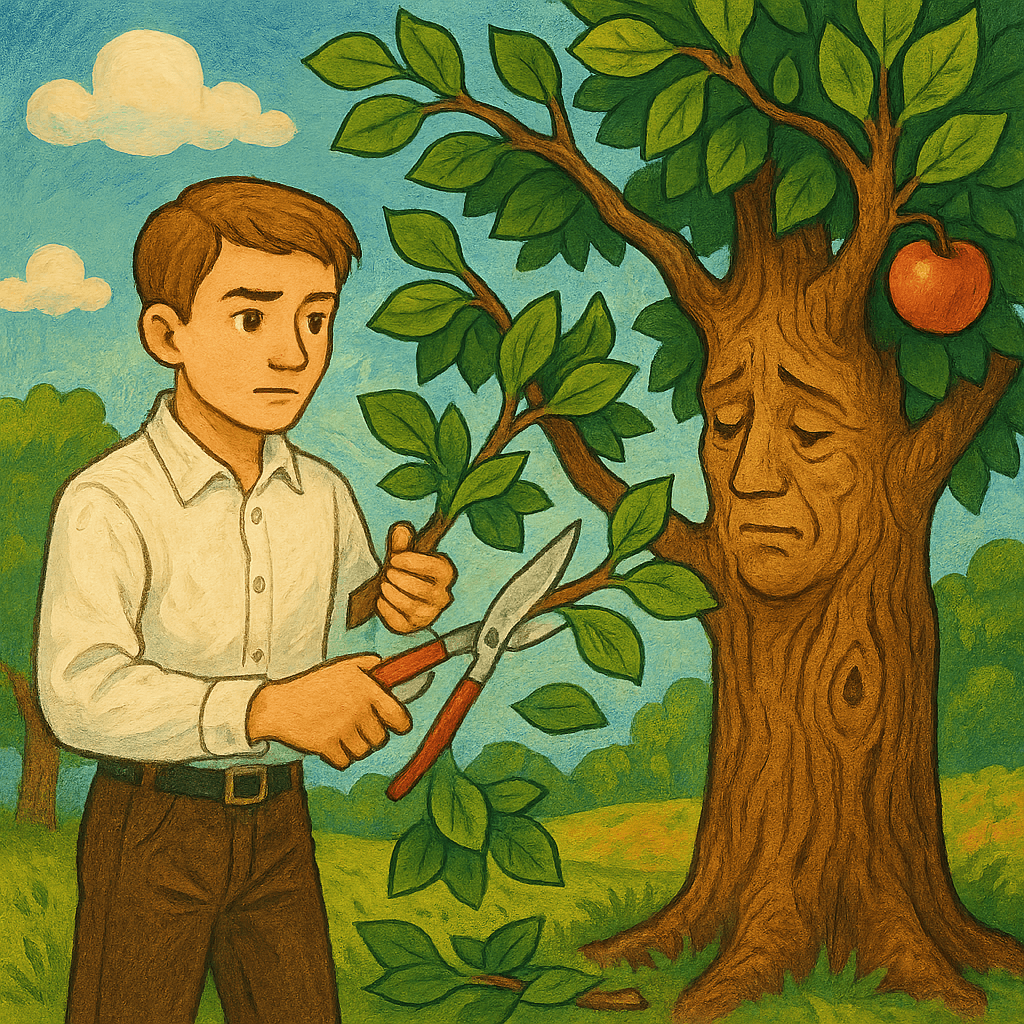 Молодой человек срезает ветви с яблони.