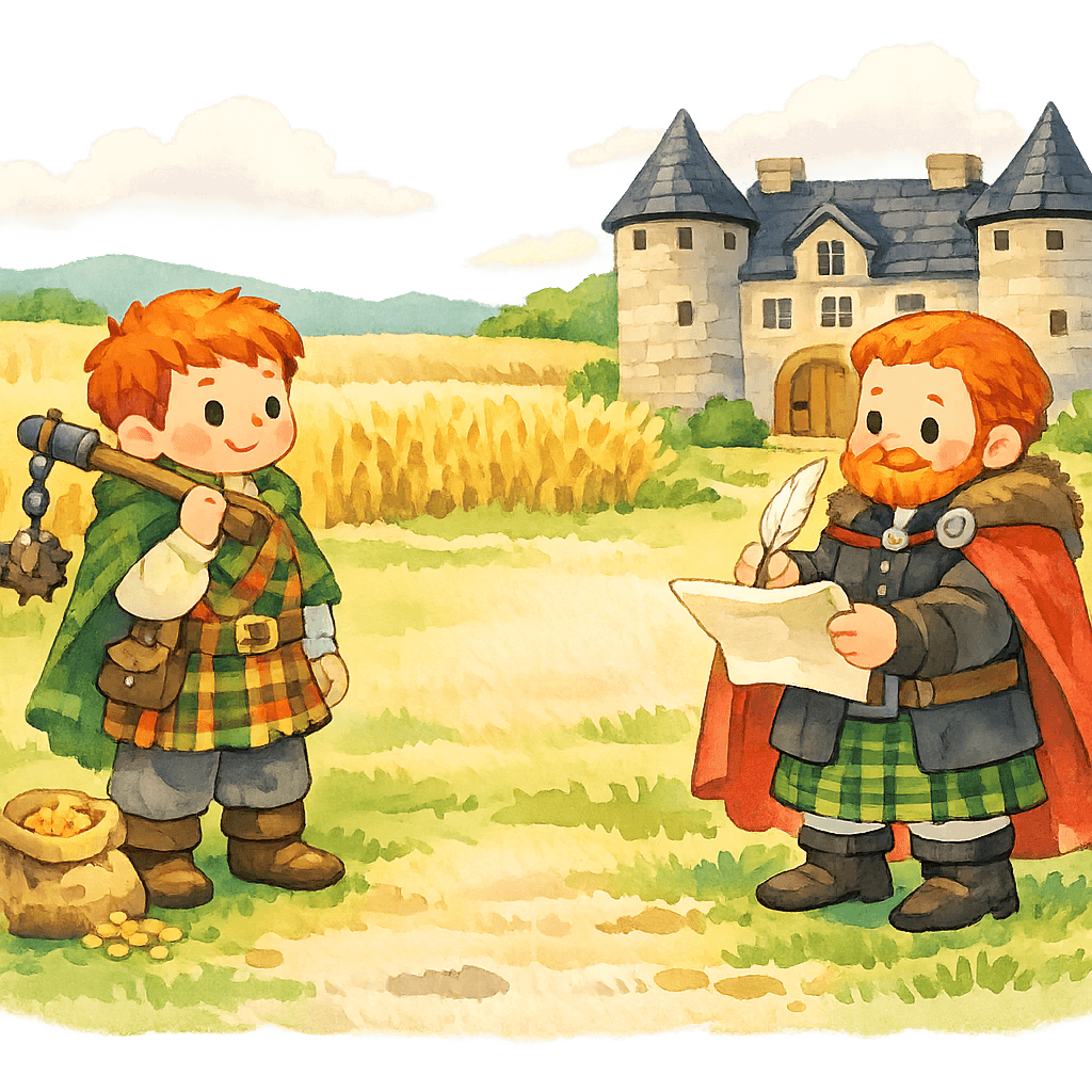 Горец и лорд подписывают уговор, рядом мешочек с зерном