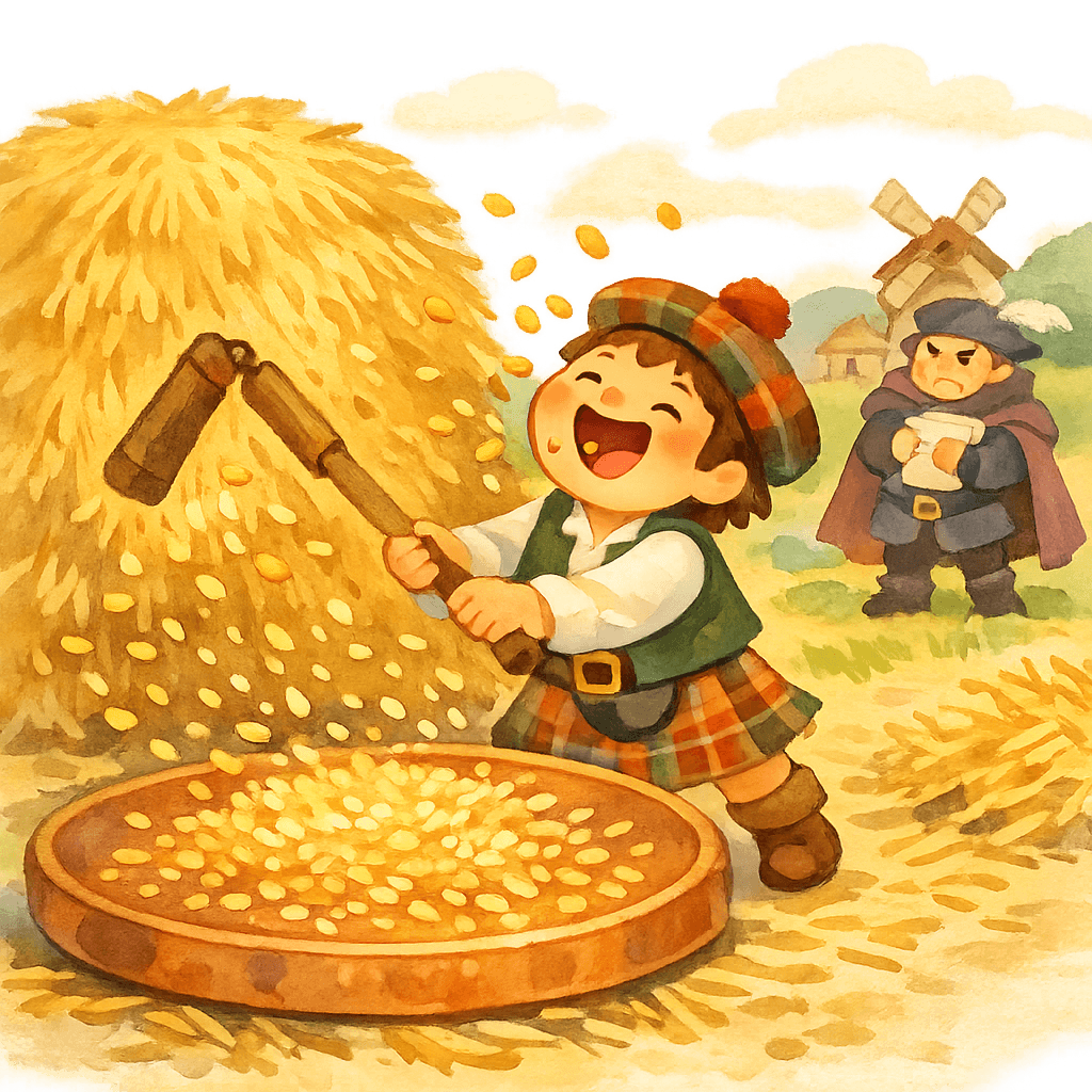 Горец ловит ртом пшеничные зёрна в процессе молотьбы