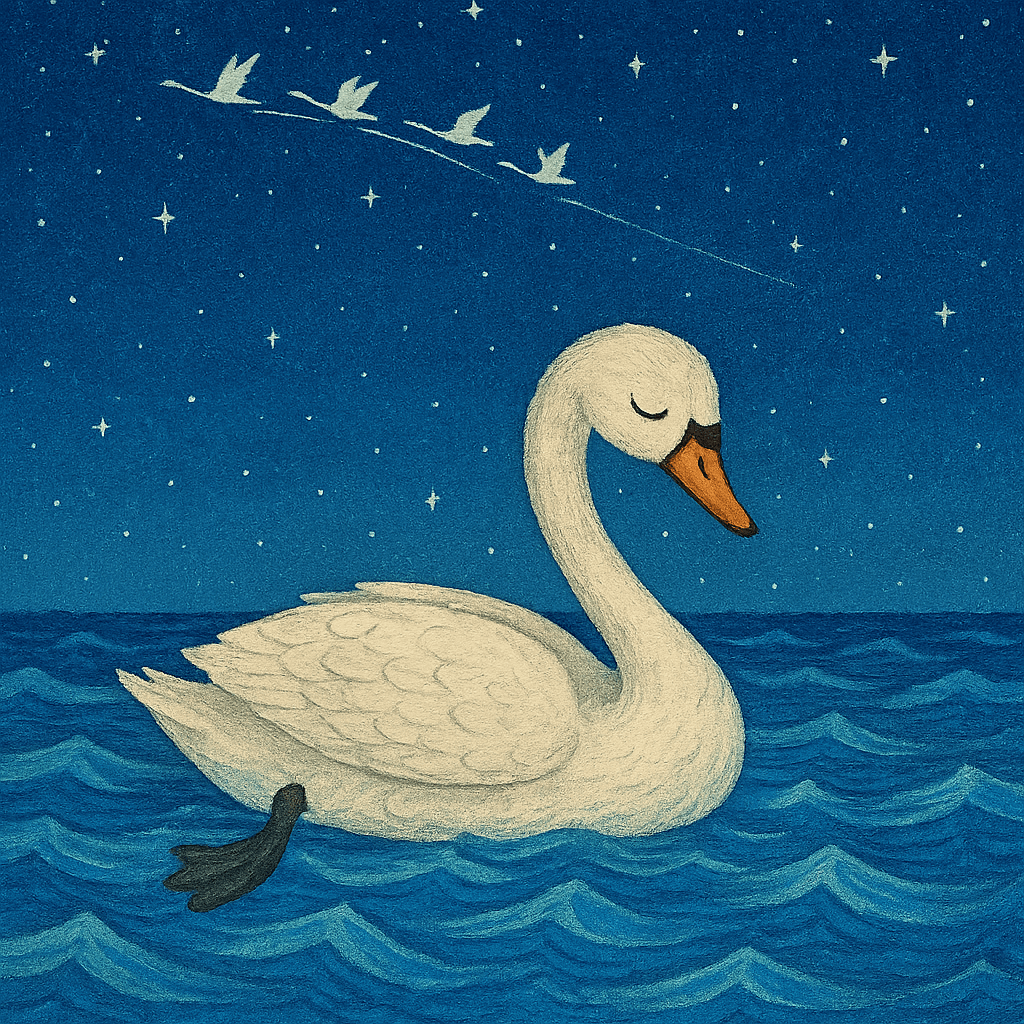 Лебедь отдыхает на воде ночью под звёздами