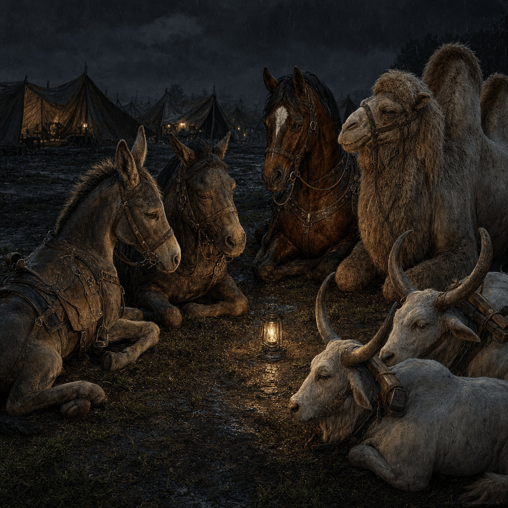 Мулы, лошадь, верблюд и волы сидят или стоят вместе ночью в лагере.