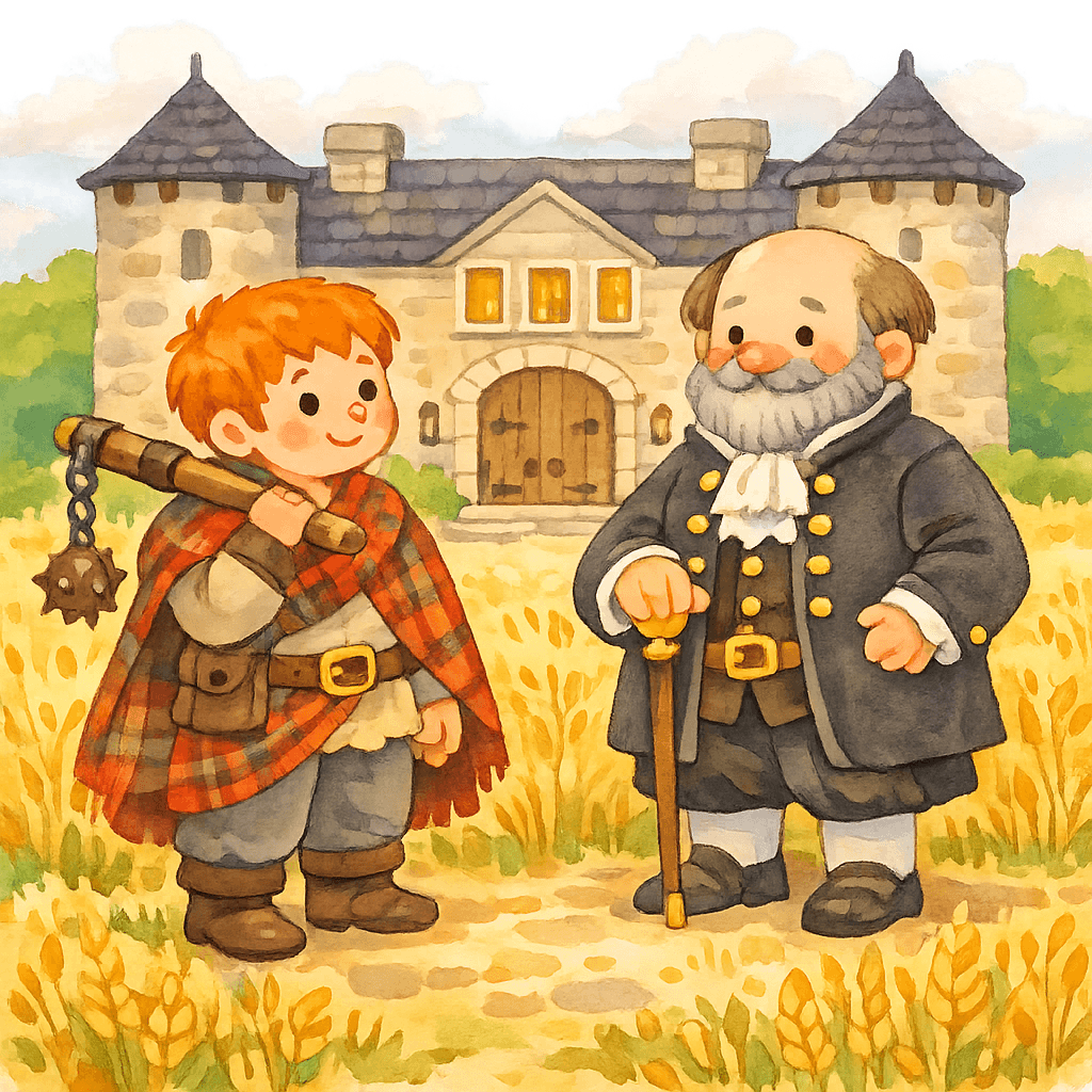 Горец и лорд на фоне пшеничного поля и большого каменного поместья