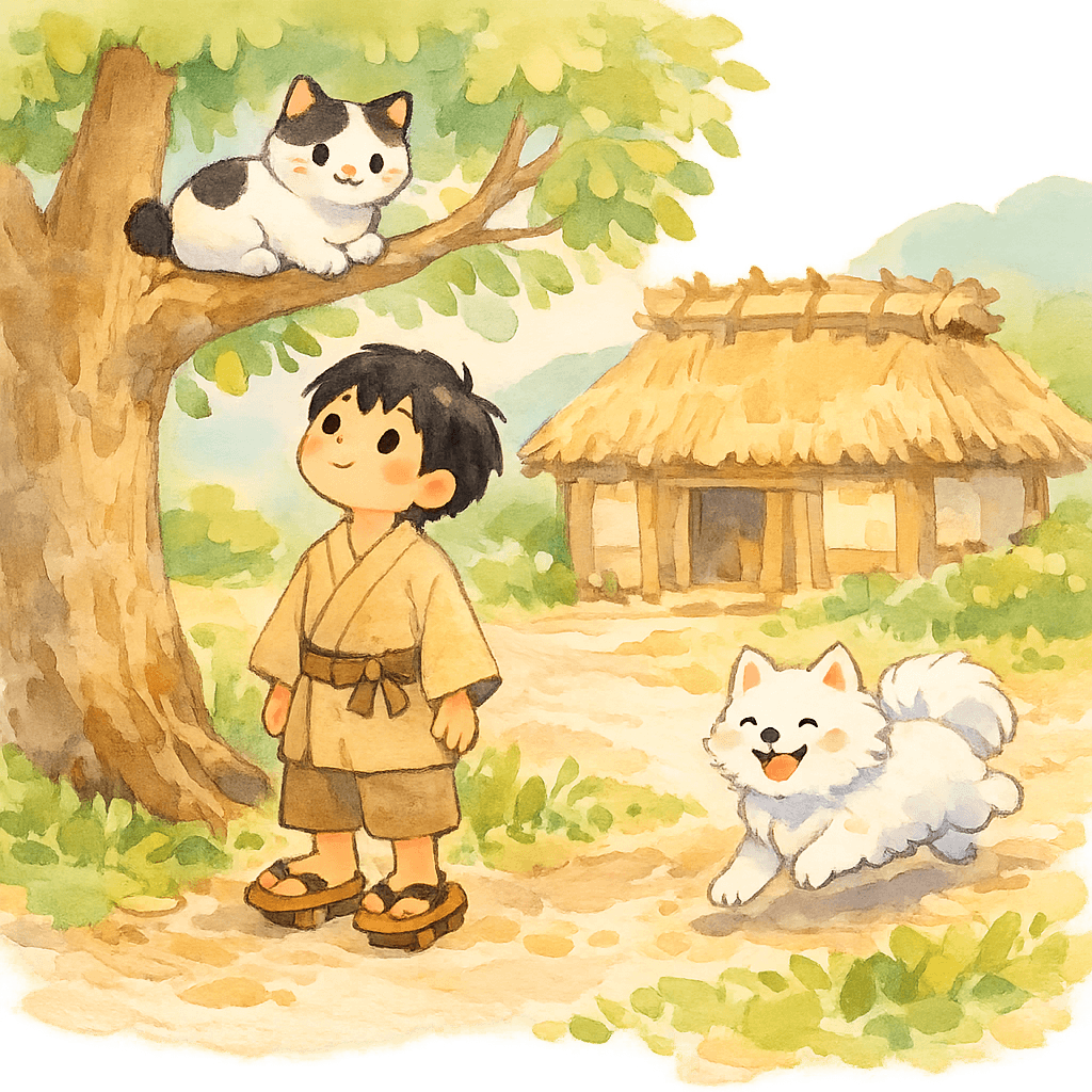 Таро наблюдает за кошкой на дереве и догоняющей ее собакой