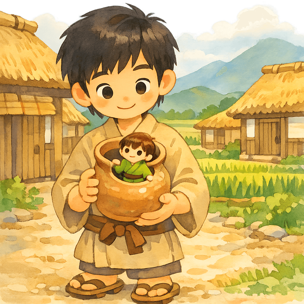 Таро с кувшином и крошечным Кувшинным человечком на фоне японской деревни