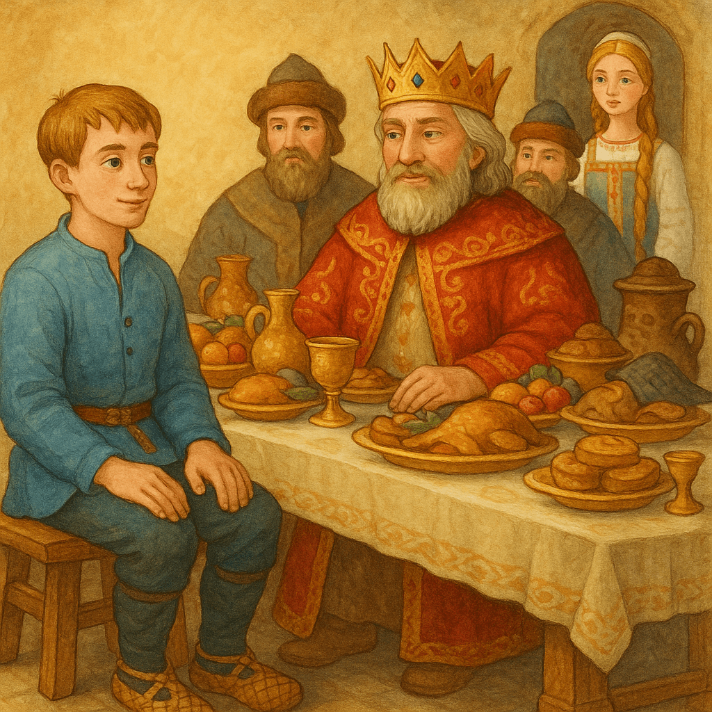 Портной за длинным праздничным столом рядом царь и бояре