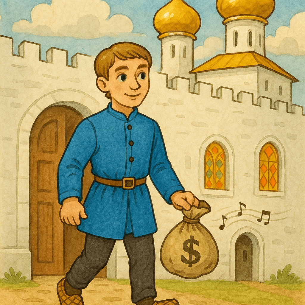 Портной с мешком денег выходит из дворца под песни