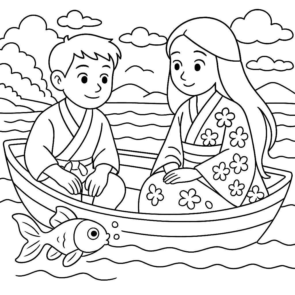 Раскраска по сказке "Урашима и черепаха"