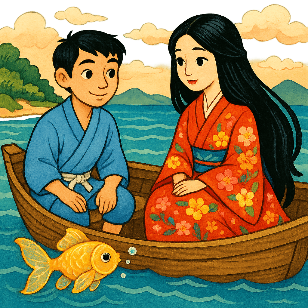 Урашима с морской принцессой и золотой рыбкой на лодке