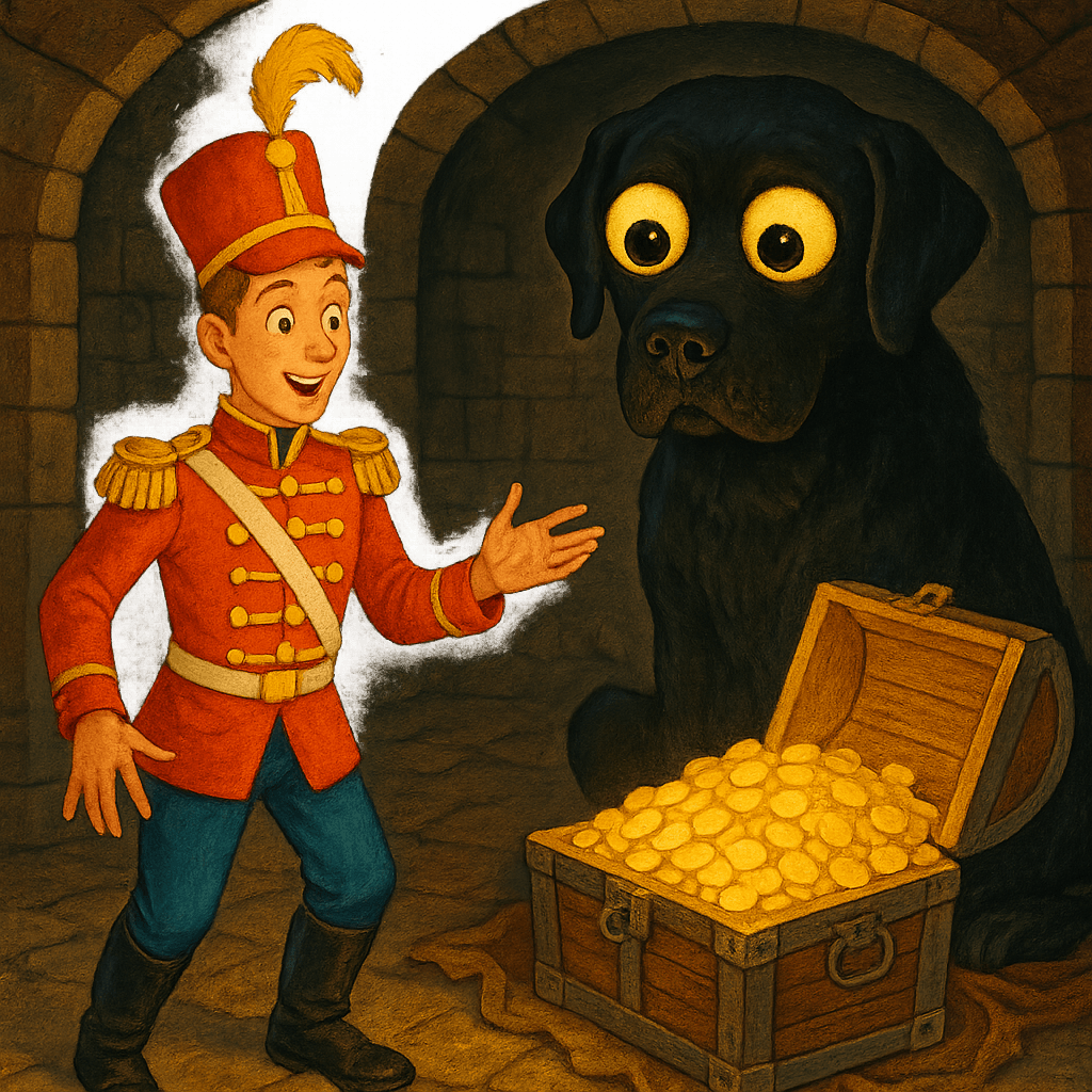 Солдат стоит перед сундуком с золотом