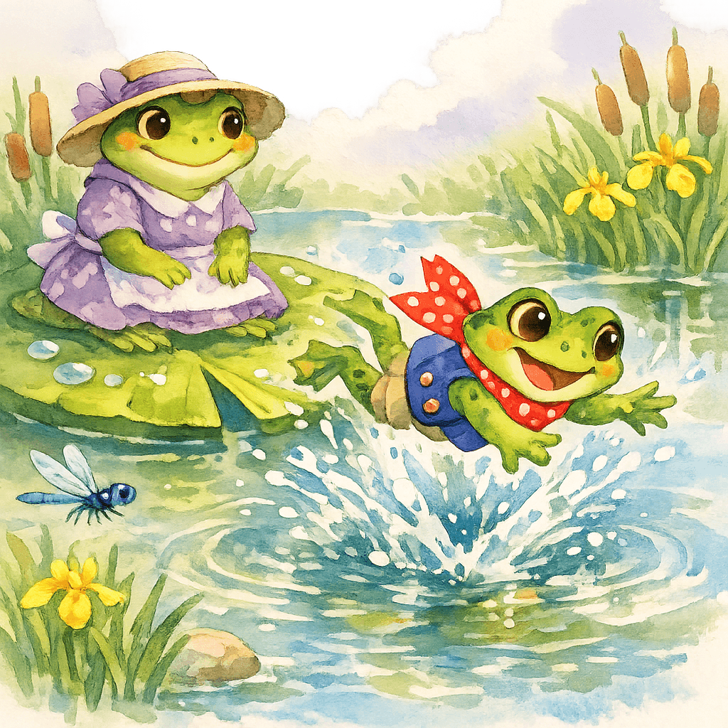 Ква прыгает в воду, мама на листе наблюдает