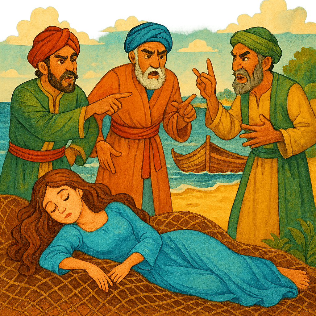 Рыбаки находят красавицу в море и спорят из-за нее.