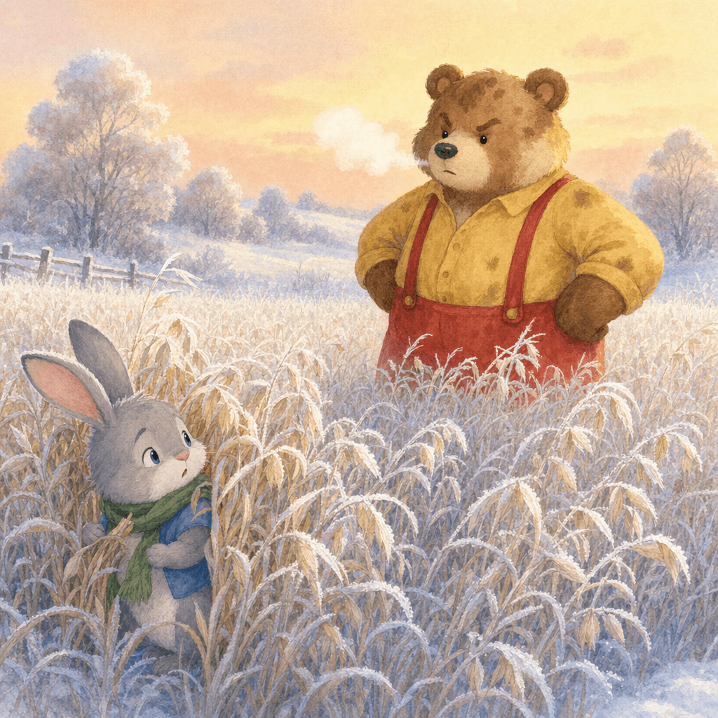 Заяц и медведь среди овса зимой