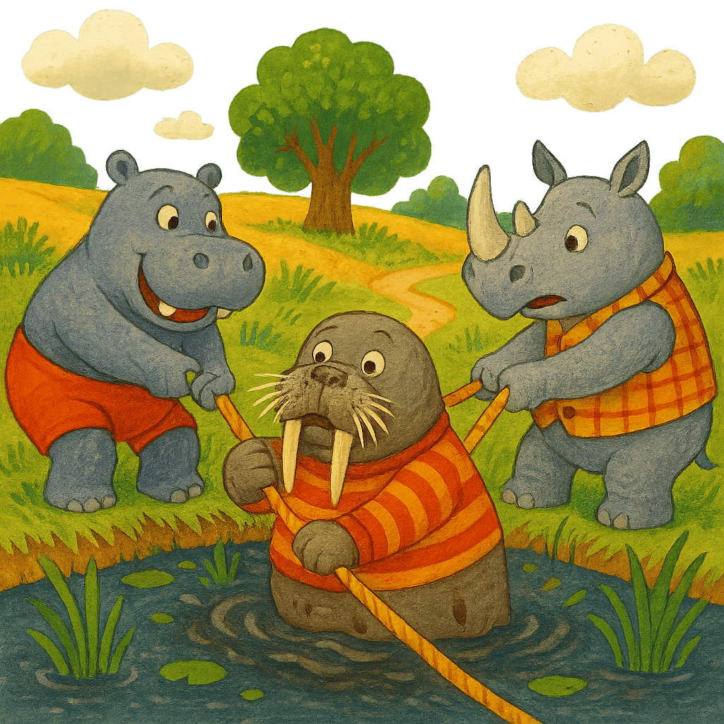 Бегемот провалился в болото, носорог зовет на помощь.