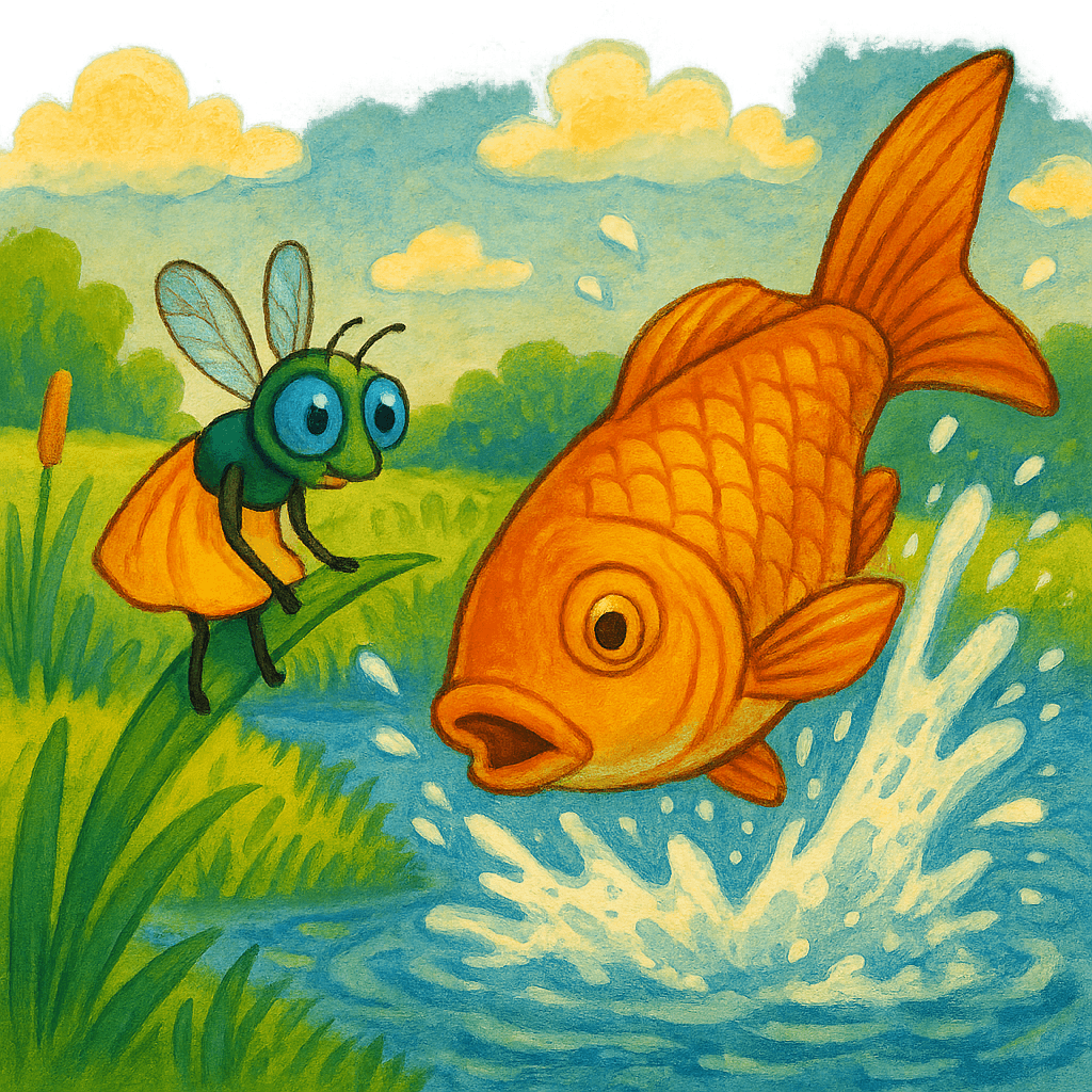 Карп брызгает в муху у пруда.