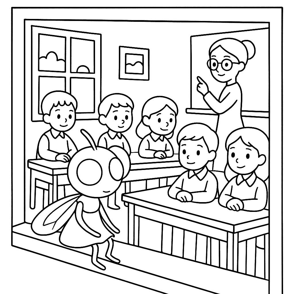 Раскраска по сказке "Муха, которая училась в школе"