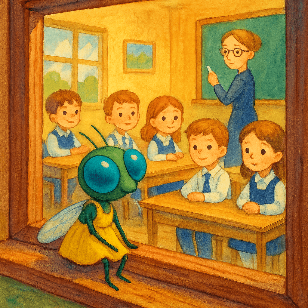 Муха наблюдает за школьным уроком через окно.