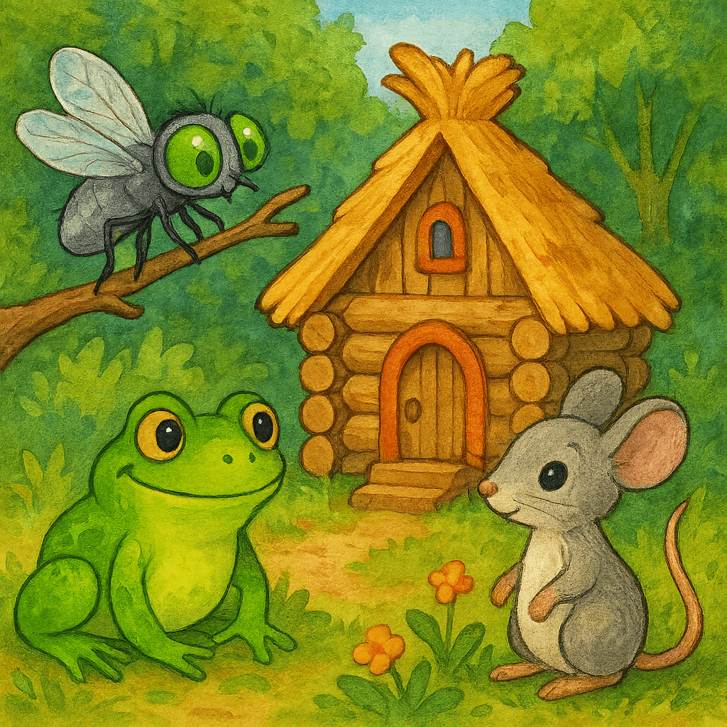 Муха, Лягушка и Мышка у теремка