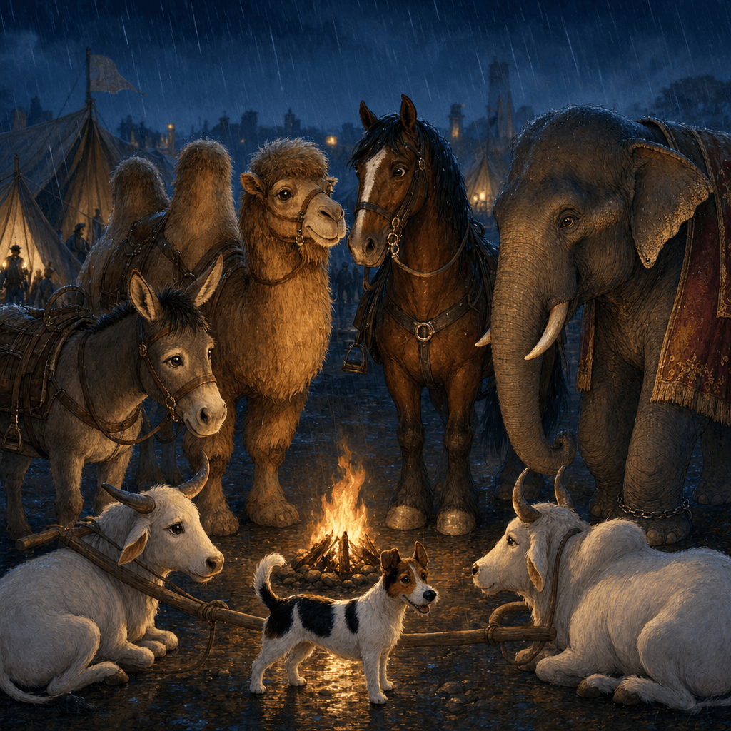 Главные герои — мул, верблюд, лошадь, волы, слон и собачка — ночью в армейском лагере среди палаток, под дождём.