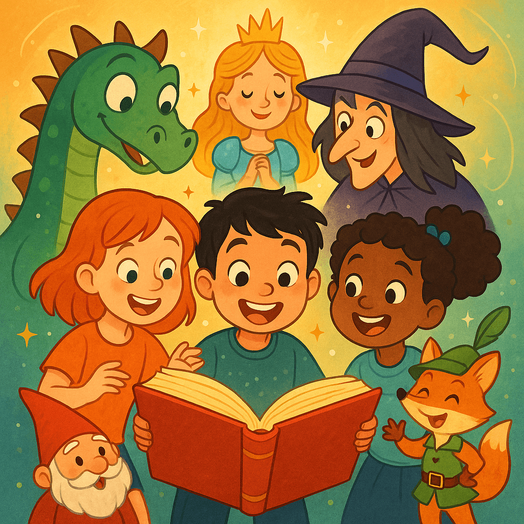 Мультяшное изображение детей, читающих книгу вместе с героями сказок, атмосфера доброты и дружбы.