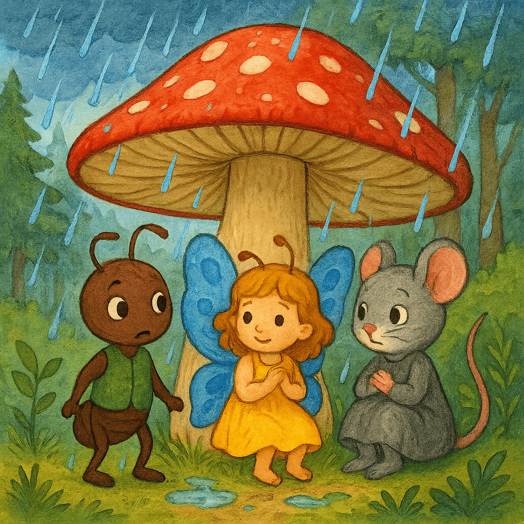 Муравей, Бабочка и Мышка под грибом