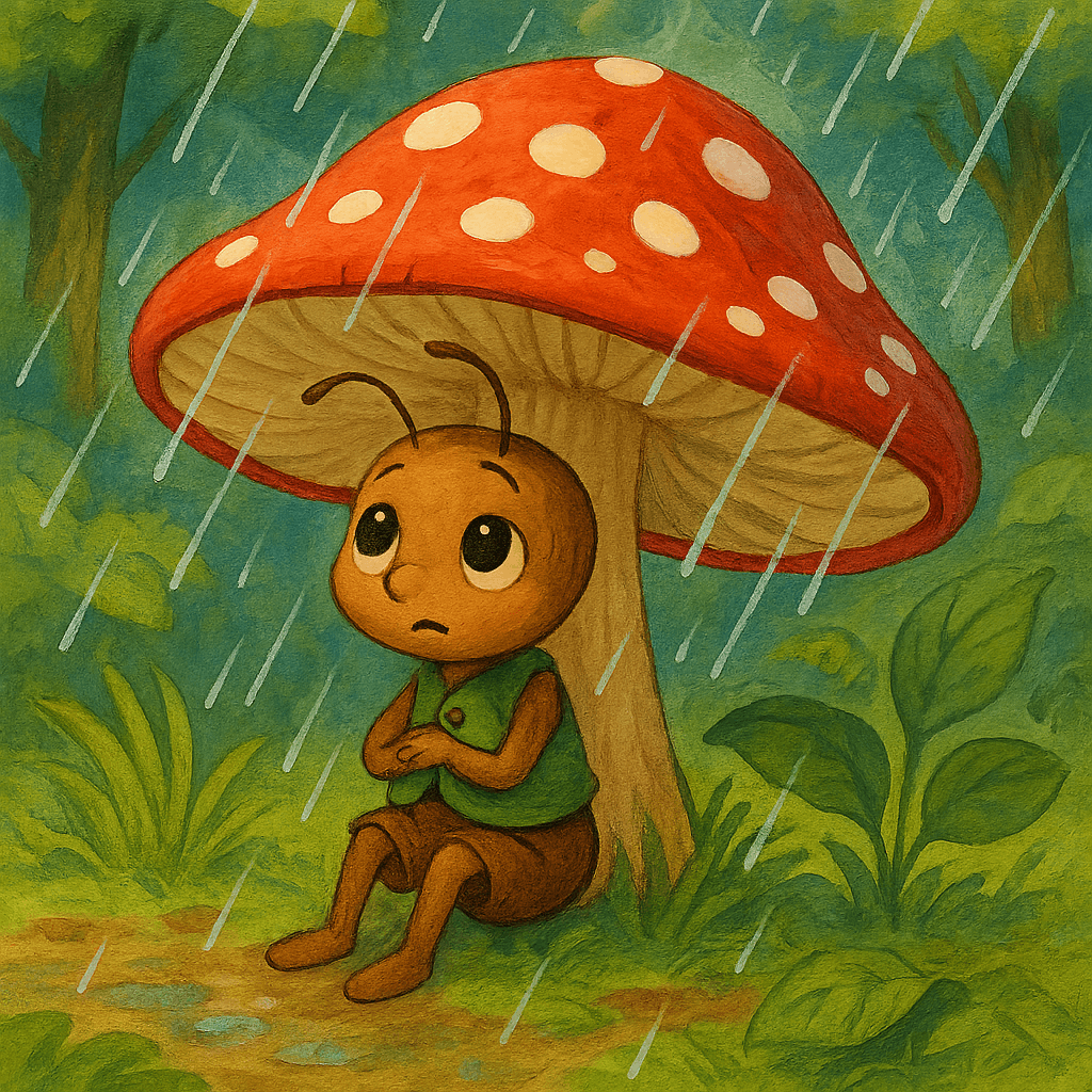 Муравей укрылся под маленьким красным грибком