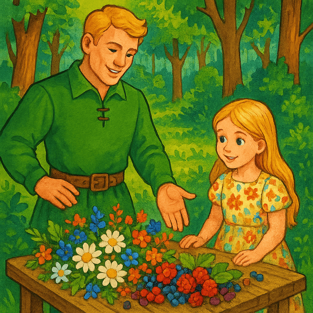 Показ чудесных трав и ягод на фоне леса.