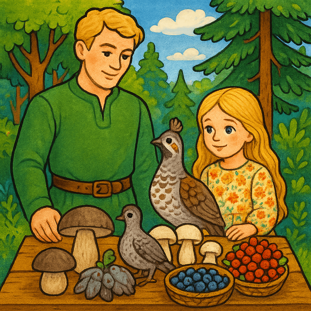 Мужчина в лесном костюме и девочка с дарами леса на фоне зелёного леса.