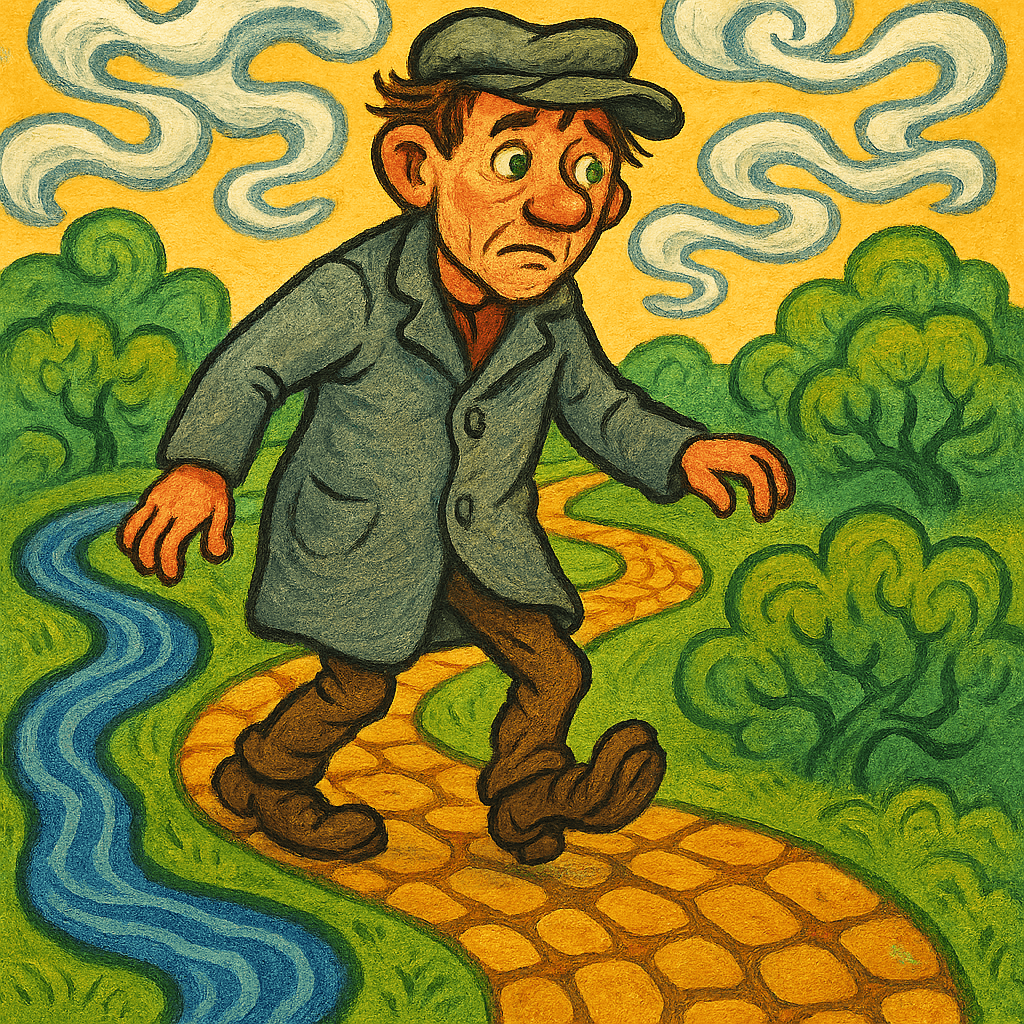 Скрюченный человек идёт по искривлённой дорожке среди кривых облаков и кустов.