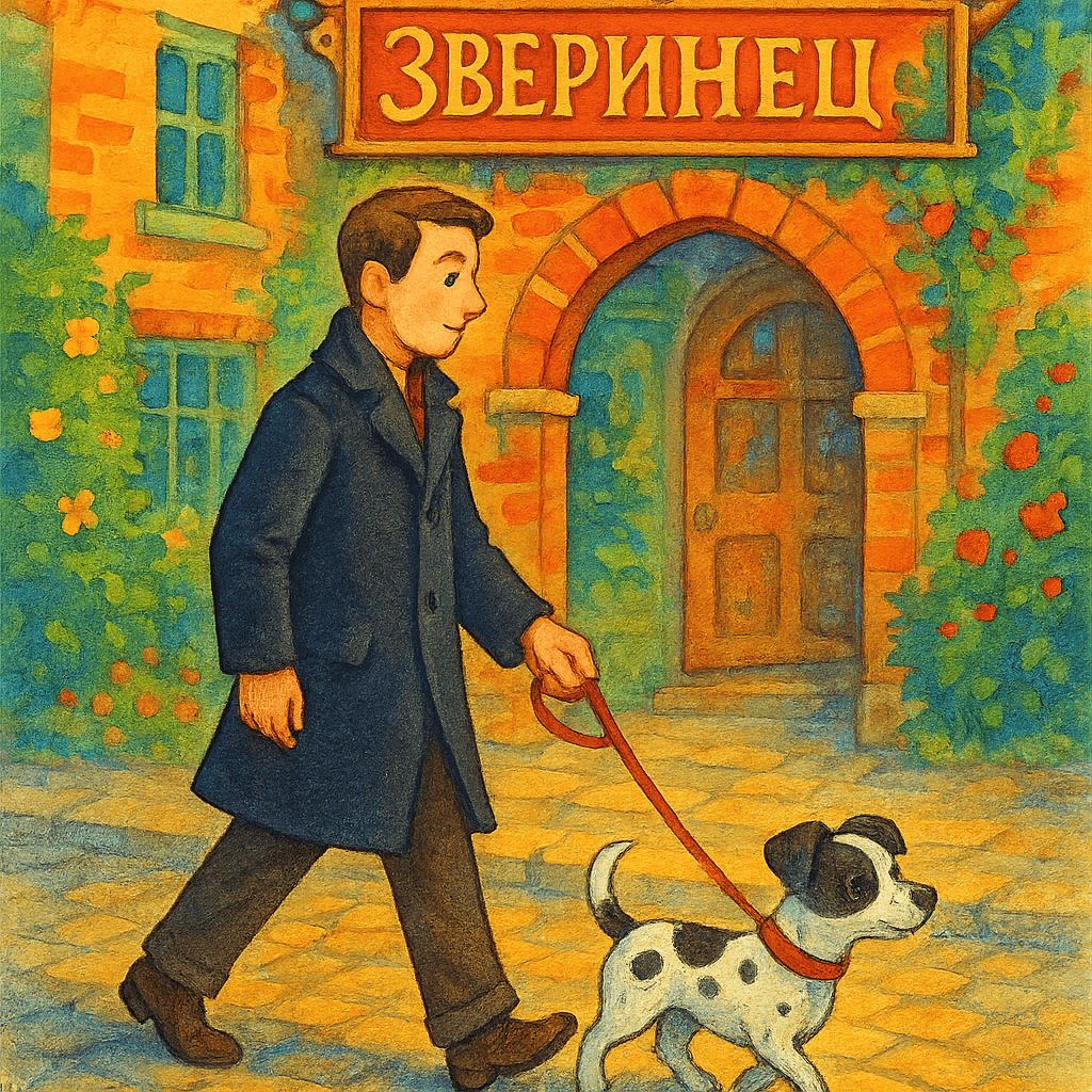 Мужчина ведёт собачку по улице к зверинцу.