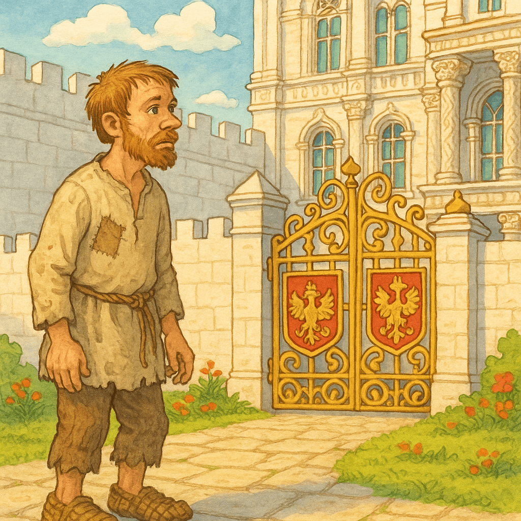 Мужик стоит у ворот богатого дворца