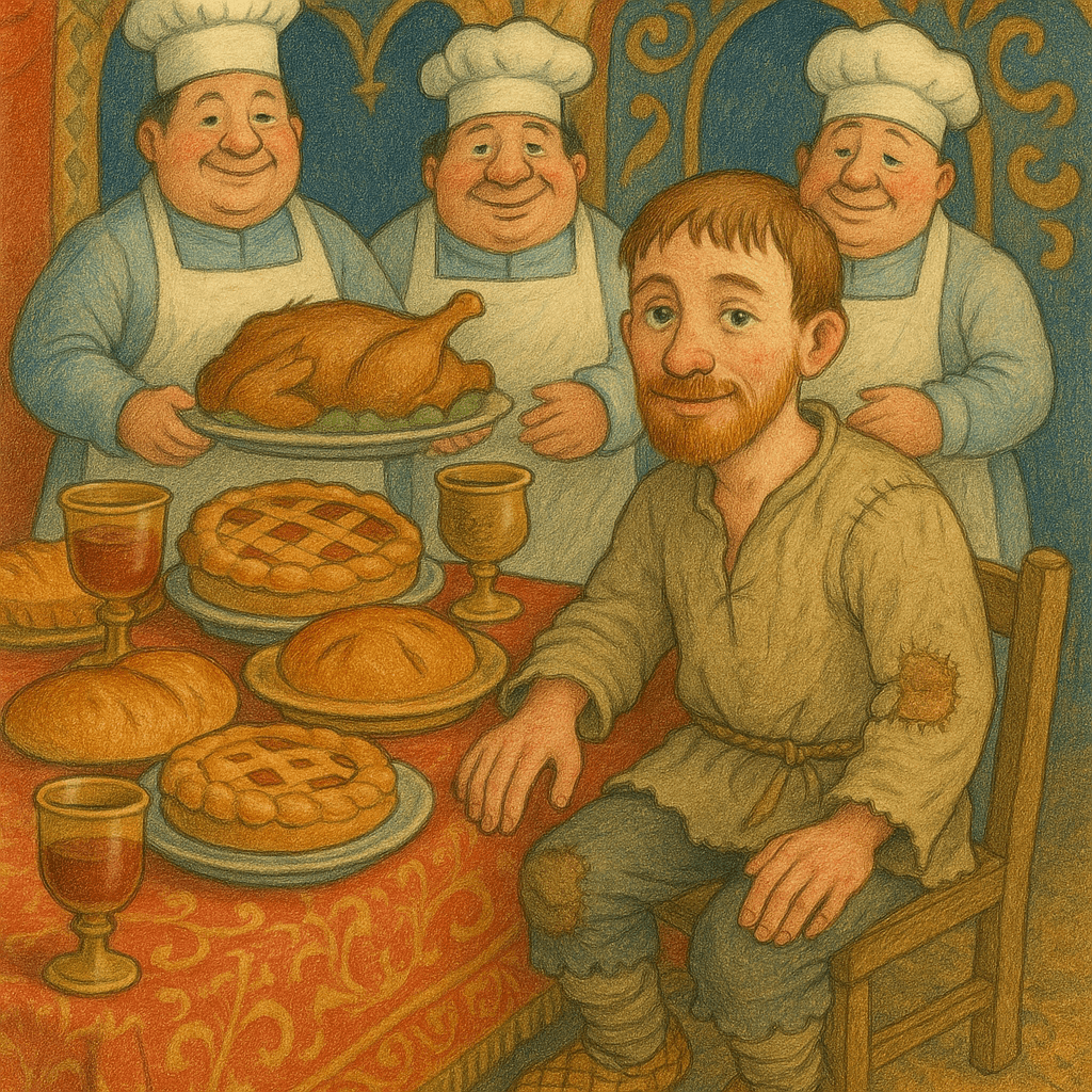 Мужик за богатым столом во дворце