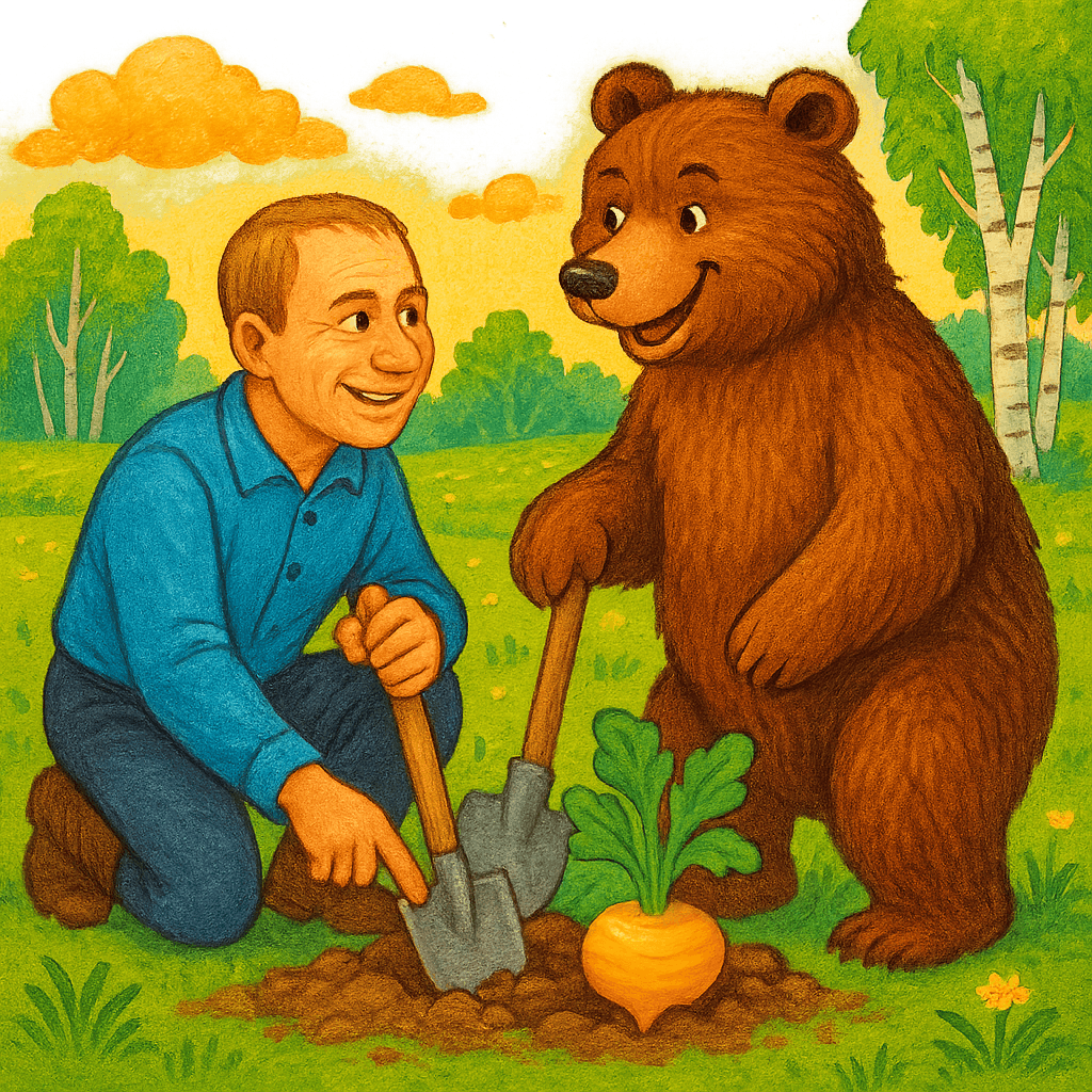 Мужик и медведь сажают репу вместе