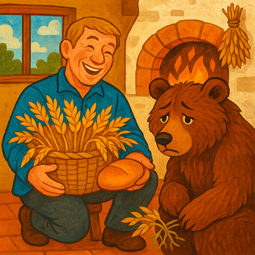 Мужик радуется урожаю пшеницы и печет хлеб, медведь грустит с корнями