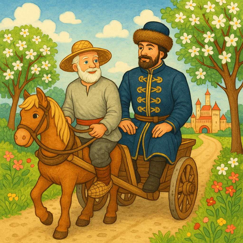Мужик и купец едут на повозке по широкой дороге