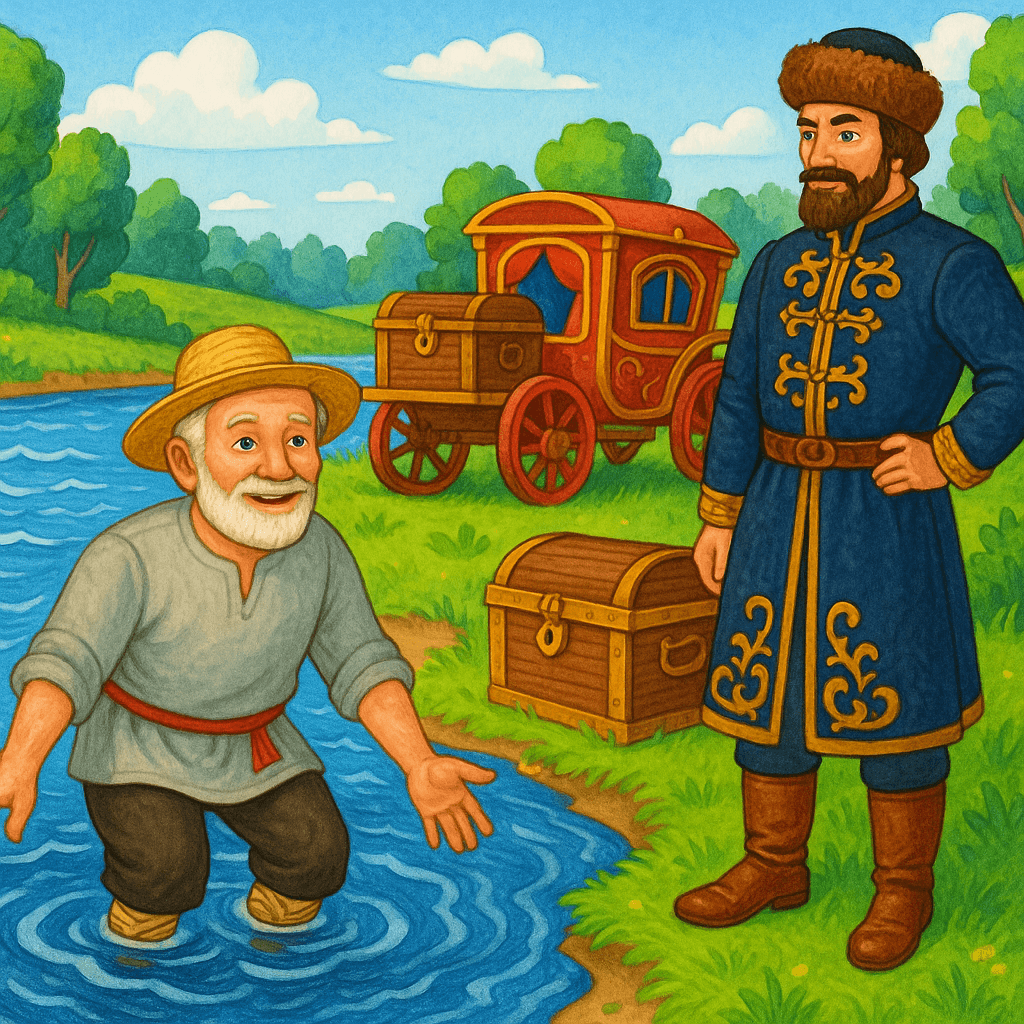 Мужик вытаскивает купца из реки на берег, на заднем плане повозка и богатства