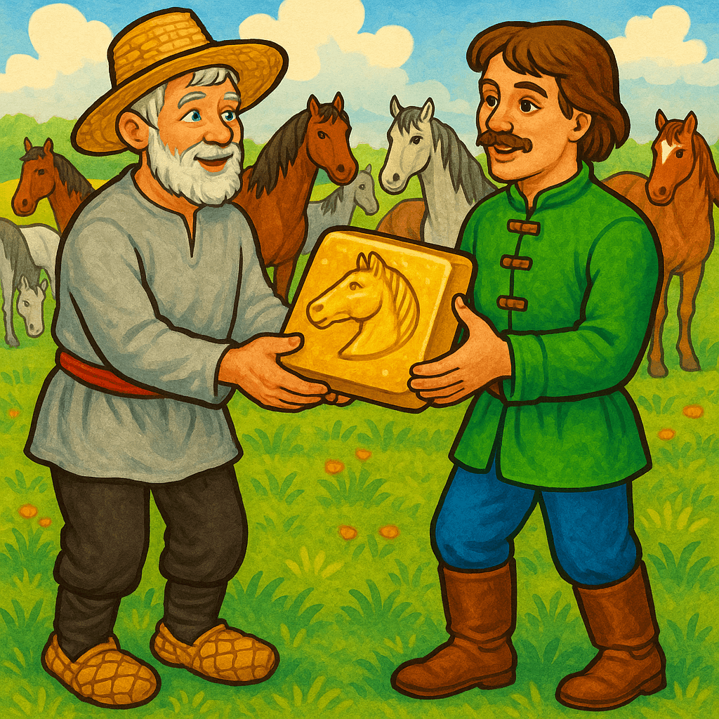 Мужик отдает золото табунщику, вокруг пасутся лошади