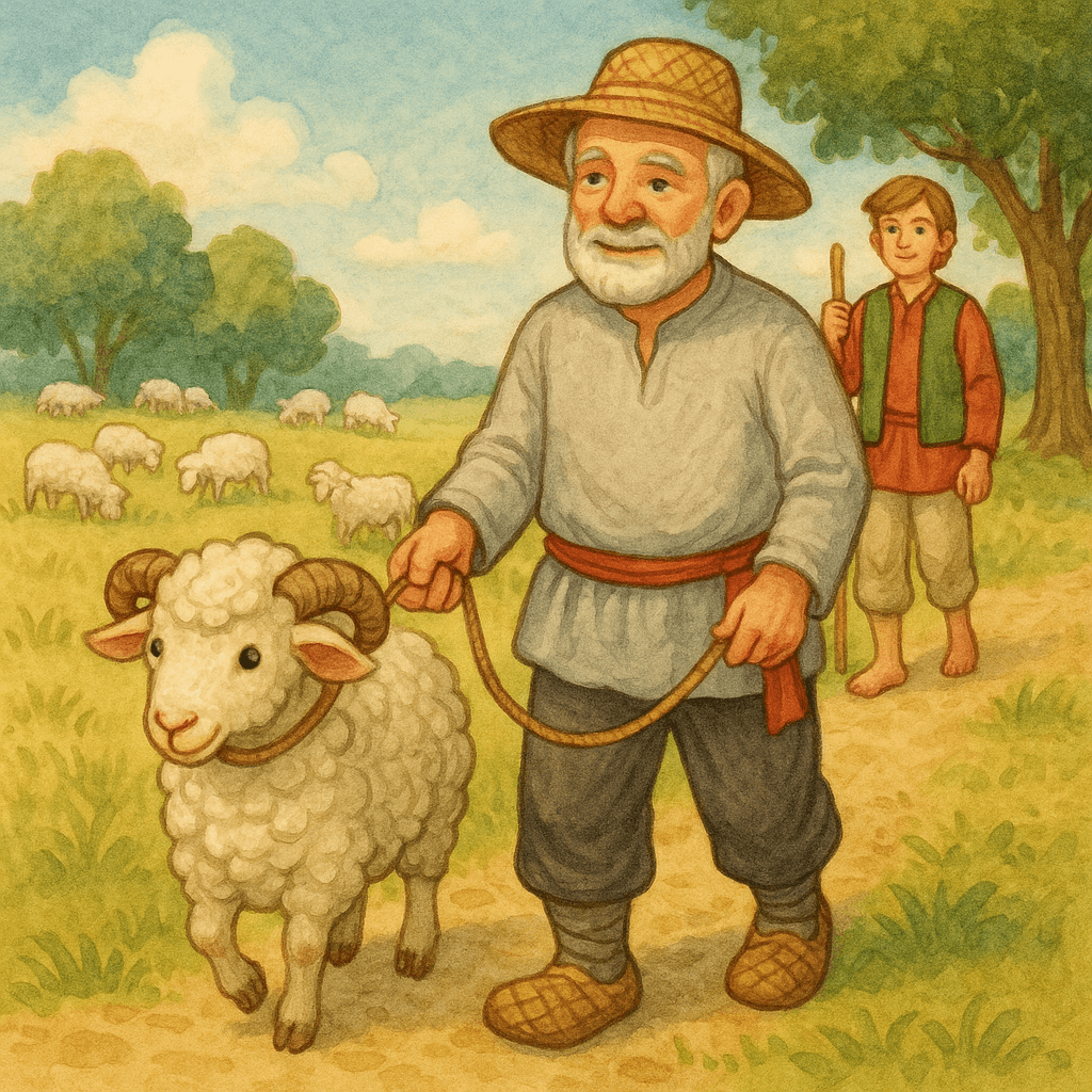 Мужик ведет барана по полю встречает пастуха овец