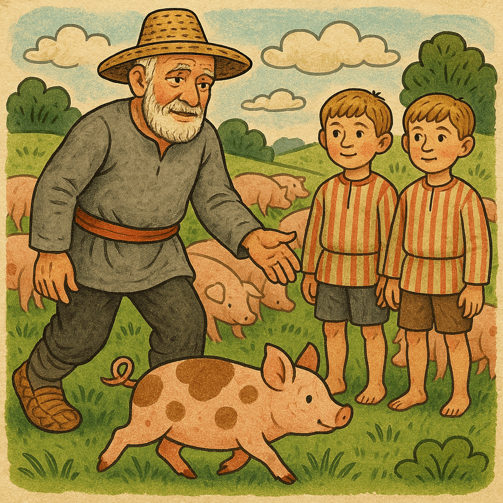 Мужик гонит поросёнка рядом пастухи и свиньи в траве