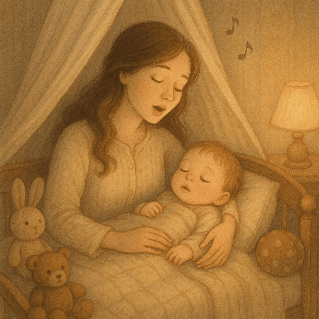 Мягкая сцена: мама поет колыбельную малышу, уютная детская комната, атмосфера спокойствия.
