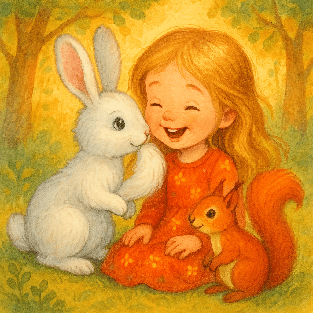 Мягкий заяц щекочет Машеньку, рядом белочка