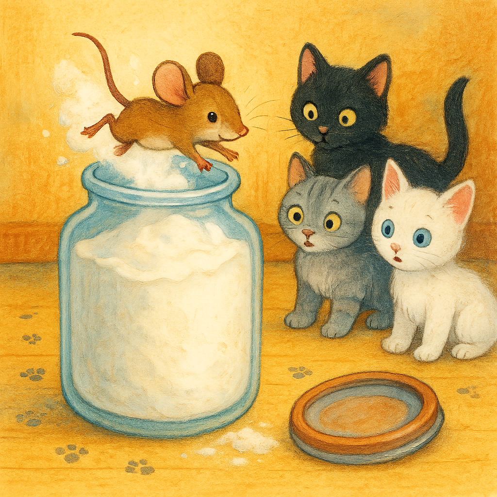 Мышь прыгает в банку с мукой, котята смотрят