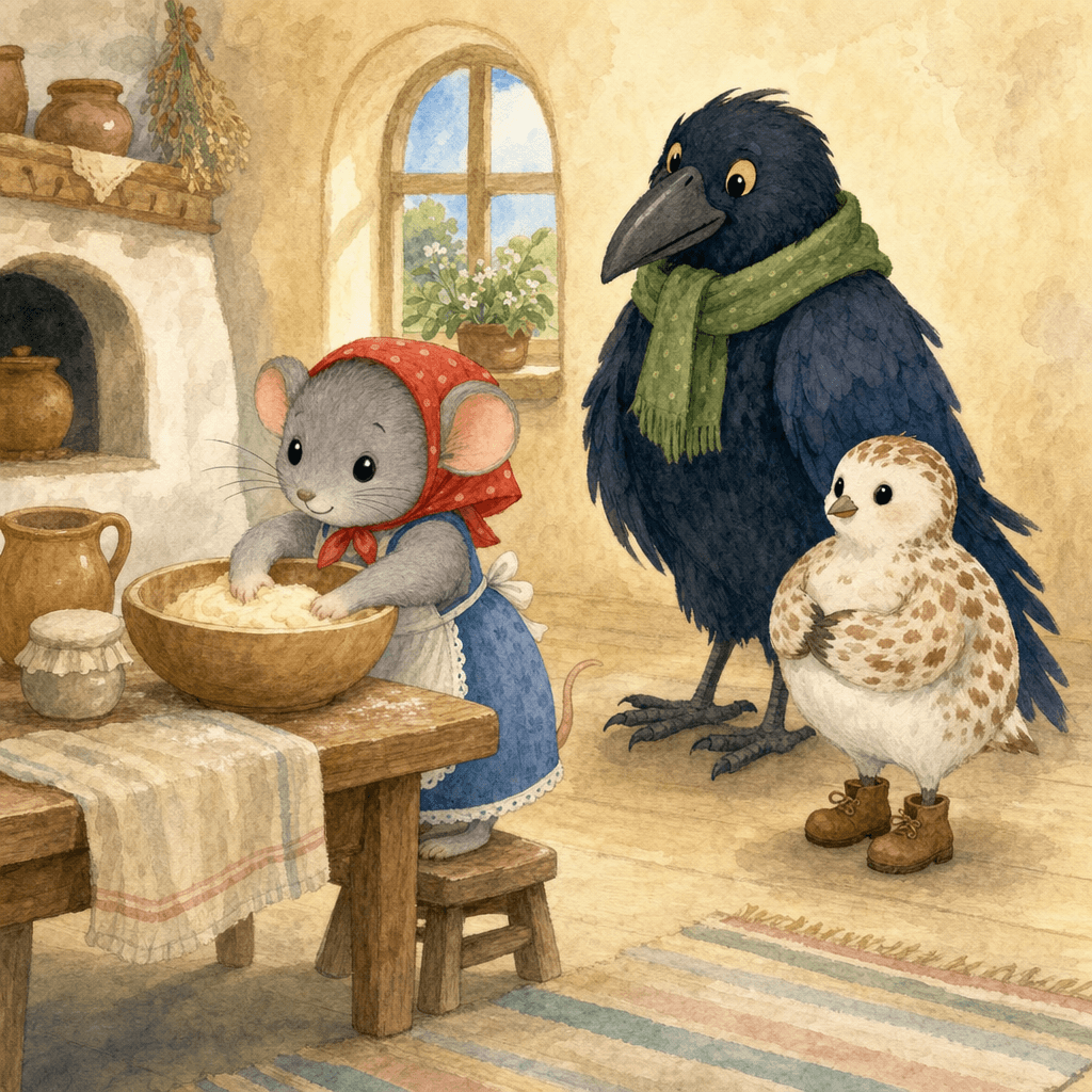 Мышка месит тесто, ворона и куропатка наблюдают издалека.