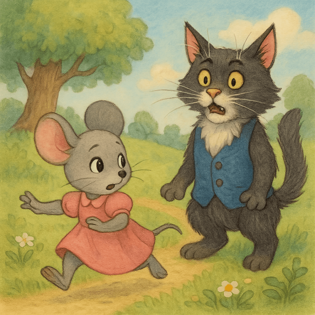 Мауси убегает от Котауси по полянке, кот остаётся удивлённым.