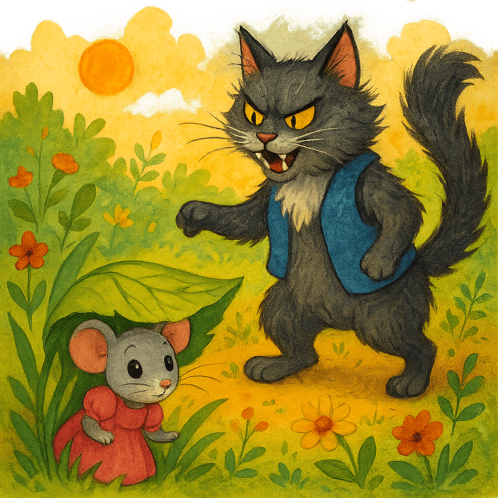 Мауси осторожно выглядывает из-под листочка, а Котауси машет хвостом, пытаясь заманить мышку.